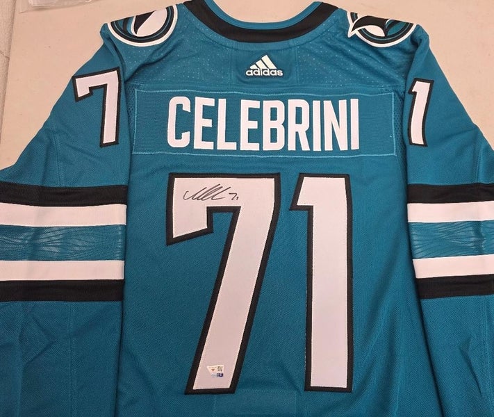 Sharks MACKLIN CELEBRINI Autographed Auto Signed TEAL Premium Jersey FANATICS