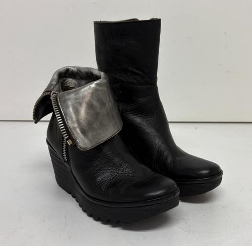 Fly London YEX Black Leather Foldable Side Zip Wedge Boots EU 40 US 9-9.5 GREAT