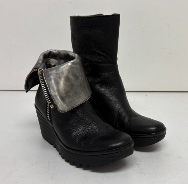 Fly London YEX Black Leather Foldable Side Zip Wedge Boots EU 40 US 9-9.5 GREAT