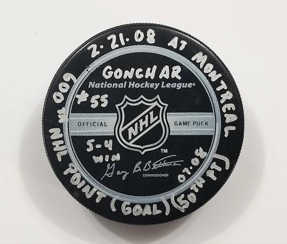 2-21-08 SERGEI GONCHAR Penguins @ Canadiens Game Used GOAL PUCK 600TH NHL POINT
