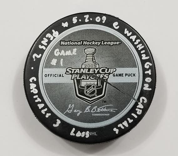 5-2-09 PLAYOFFS Rd 2 G 1 Pittsburgh Penguins @ Washington Capital Game Used Puck