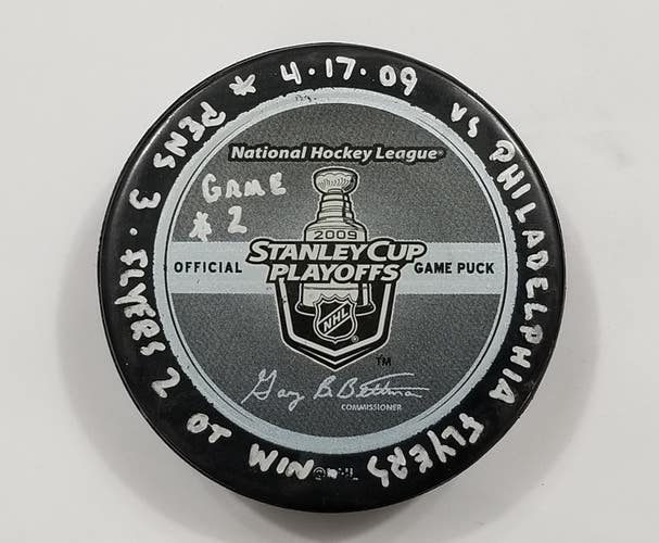 4-17-09 PLAYOFFS Rd 1 G 2 Pittsburgh Penguins vs Flyers Game Used Hockey Puck