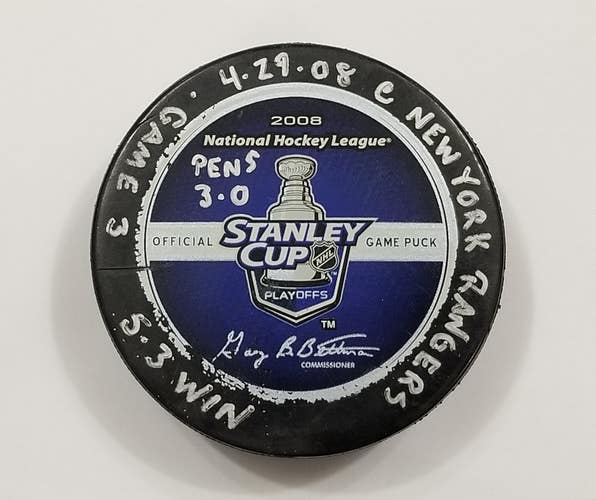 4-29-08 PLAYOFFS Rd 2 G 3 Pittsburgh Penguins @ NY Rangers Game Used Hockey Puck