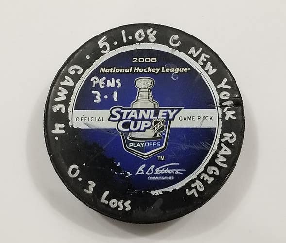 5-1-08 PLAYOFFS Rd 2 G 4 Pittsburgh Penguins @ NY Rangers Game Used Hockey Puck