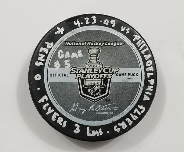 4-23-09 PLAYOFFS Rd 1 G 5 Pittsburgh Penguins vs Flyers Game Used Hockey Puck