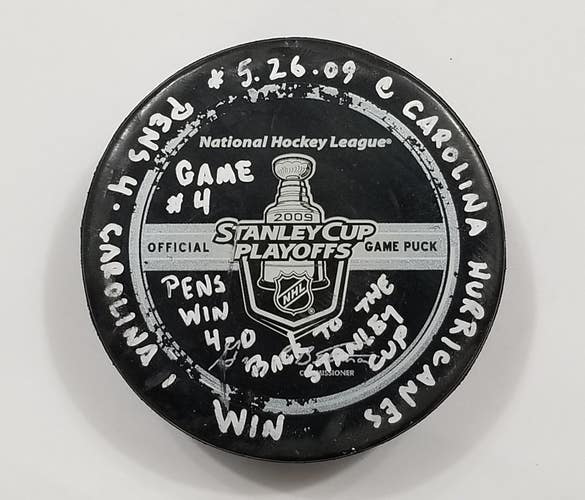 5-26-09 ECF G 4 Pittsburgh Penguins @ Carolina Game Used Puck Back to CUP FINALS