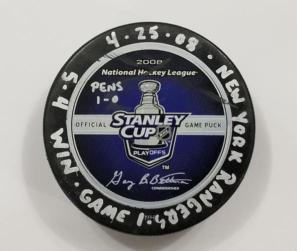 4-25-08 PLAYOFF Rd 2 G 1 Pittsburgh Penguins vs NY Rangers Game Used Hockey Puck