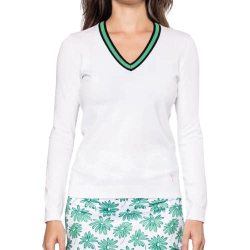 Golftini Sweater Womens Small White Green Regular Fit Long Sleeve V-Neck DSGL728