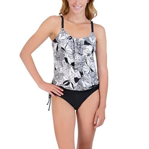 Stella Parker 2-Piece Swim Set Womens L Black Multi Floral Tummy Control DSGL625