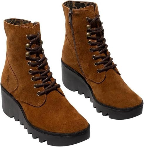 Fly London Birr534fly Boots Women's EU 38 Tobacco Suede Round Toe Ankle VER632