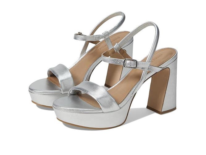 Bernardo Ventura Women's US 6.5 Silver Leather Platform Strappy Sandals VER672