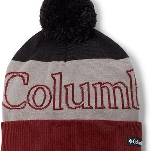Columbia Polar Powder II 1979861011 Men's Black Gray Red Pom Beanie Hat APP1833
