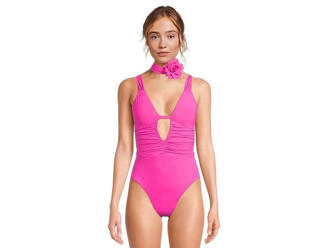 BECCA Garden of Eden Magnolia Plunge Women's S Azalea One Piece Swimsuits RED308