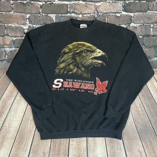 Vintage Shawano Hawks Wisconsin Black Crewneck Sweatshirt Size XL Rare