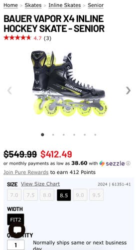 Bauer Vapor X4 Inline Skates Size 8.5 (New)