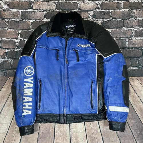 Vintage Yamaha Men's Leather Blue Black Motorcycle Racing Jacket RARE Size Large
