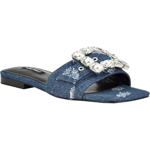 Nine West Matter Sandals Women's US 6.5M Dark Denim Rhinestone Square Toe NCZ117