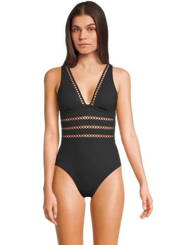 Becca Modern Edge Swimsuits Women's Small Black Stretch Plunge One-Piece RED269