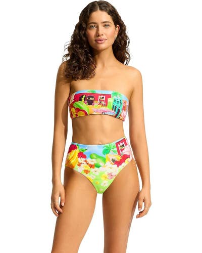 Seafolly Cuba Bikini Bottom Women's 10 Turquoise Tropical High Waisted RED237