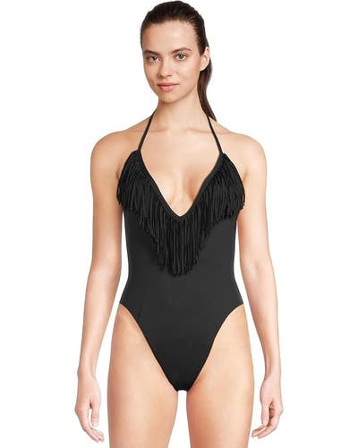 L*Space Desert Days Swimsuits Women's S Black Stretch Tie Neck One-Piece RED241