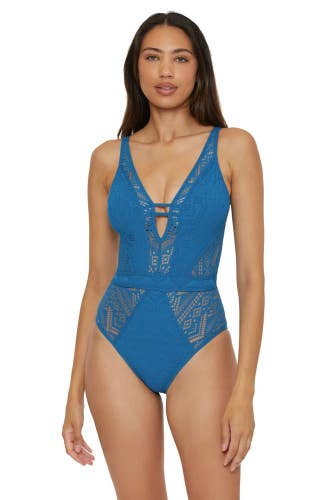 Becca Color Play Swimsuits Women's Medium Lagoon Crochet Plunge One Piece RED216