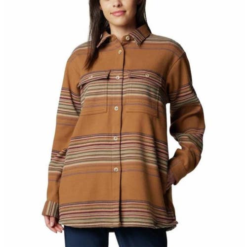 Columbia Blue Point Creek Shirt Jacket Women's Brown Striped Button Front JAX406