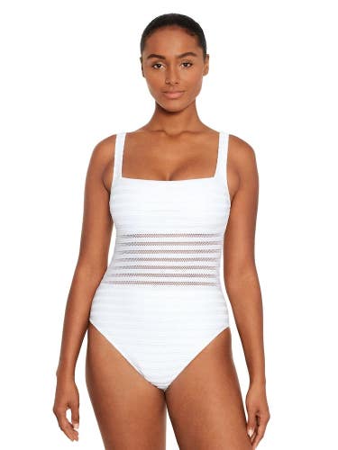 Lauren Ralph Lauren Ottoman One Piece Women's 16 White Mesh Swimsuits RED1066