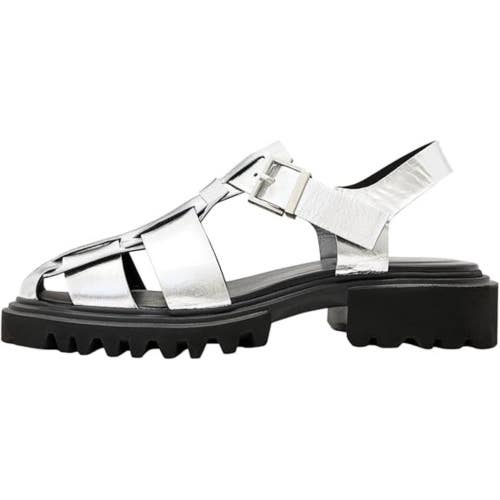 AllSaints Tess Sandals Women's US 9 Silver Leather Round Toe Fisherman VER1600