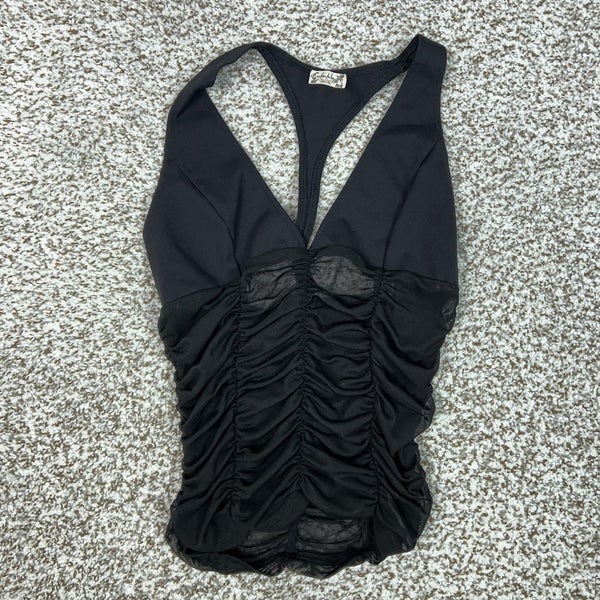 Free People Tank Top Womens XS Black Mesh Ruched Mesh Festival Racerback Boho