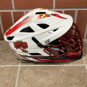 Used White Cascade S Helmet | Chrome Red Facemask | Maryland State Flag Decal