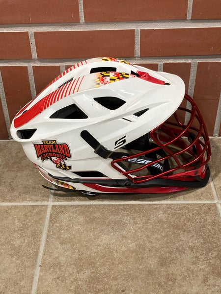 Used White Cascade S Helmet | Chrome Red Facemask | Maryland State Flag Decal