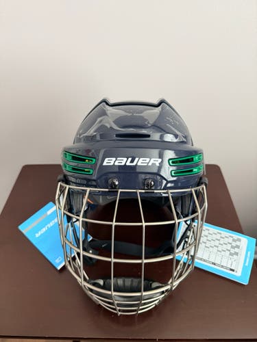 Large Bauer Re-Akt 75 Helmet (New) with Cage - Dark Blue with Green Accents