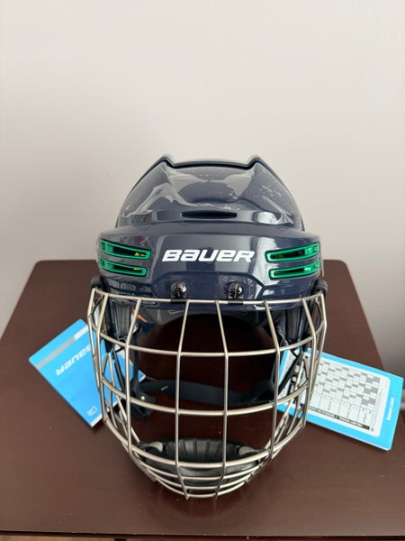 Large Bauer Re-Akt 75 Helmet (New) with Cage - Dark Blue with Green Accents