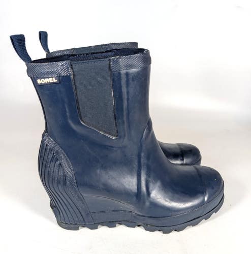 Sorel Joan Rain Wedge Boots Women's Size 9 Chelsea Ankle Bootie Rubber Blue