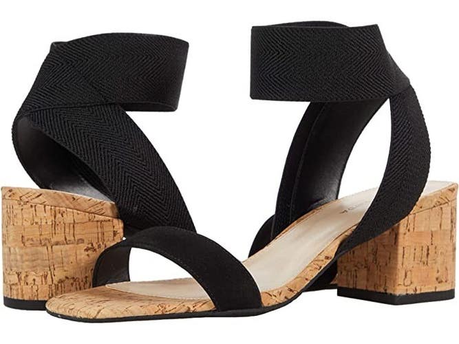 Pelle Moda Warren Sandals Women 5.5 Black Stretch Ankle Strap Block Heel ZPO3017