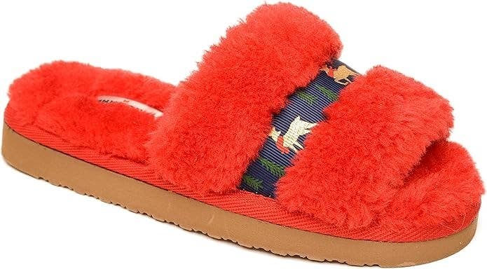 Minnetonka Reindeer Lizzie Slipper Kids US 3 Red Faux Fur Slip On Slide JOBB1635