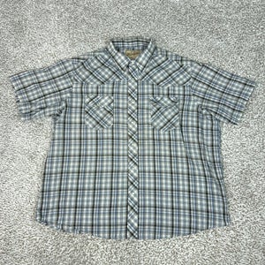 Wrangler Shirt Mens 2XL Blue Plaid Short Sleeve Pearl Snap Western Cowboy Top