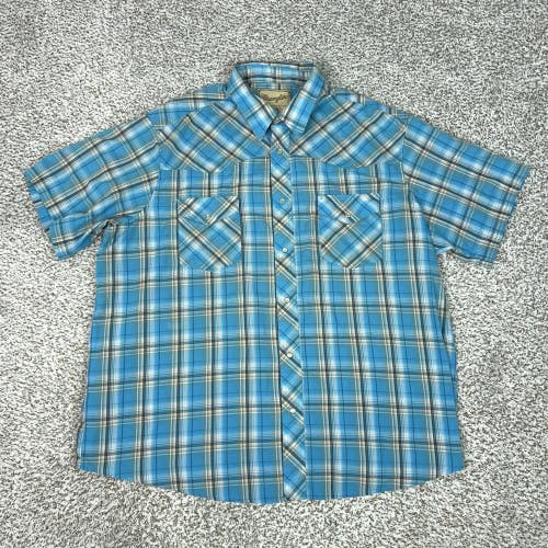 Wrangler Shirt Mens XL Blue Plaid Short Sleeve Pearl Snap Western Cowboy Top