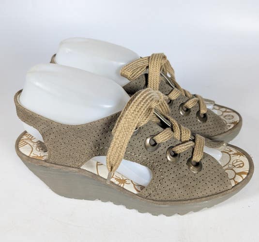 Fly London Ylva Taupe Leather Ankle Wedge Sandals Women's Size 40 US 9-9.5
