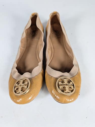 Tory Burch Caroline Tan Patent Leather Ballet Flats Logo Medallion Women Size 5M