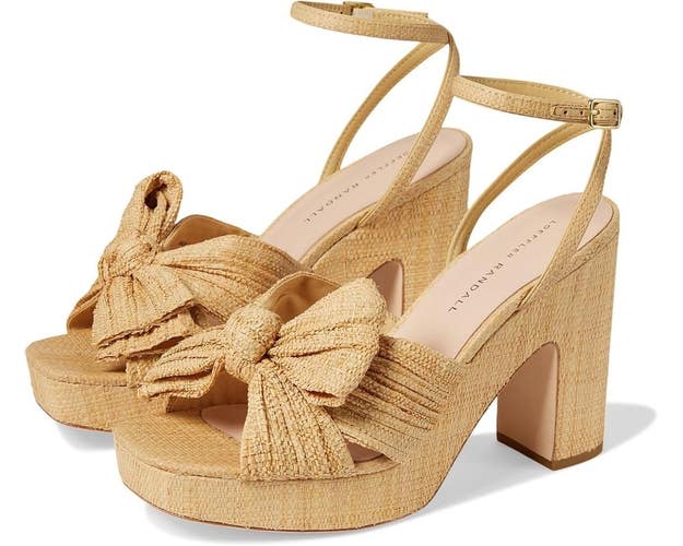 Loeffler Randall Lucia Sandals Womens US 8.5 Natural Bow Detail Block Heel NCZ81