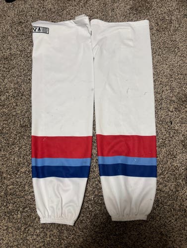 White Blue Red NAHL Junior A Maine Nordiques Senior Large SP EDGE STYLE Socks Pro Stock (Used)