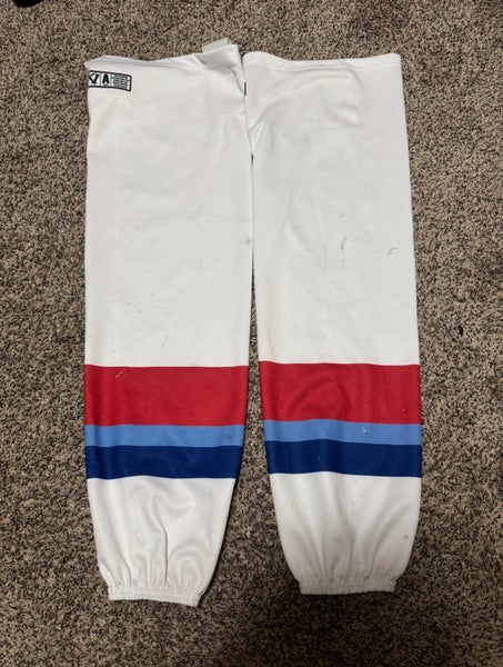 White Blue Red NAHL Junior A Maine Nordiques Senior Large SP EDGE STYLE Socks Pro Stock (Used)