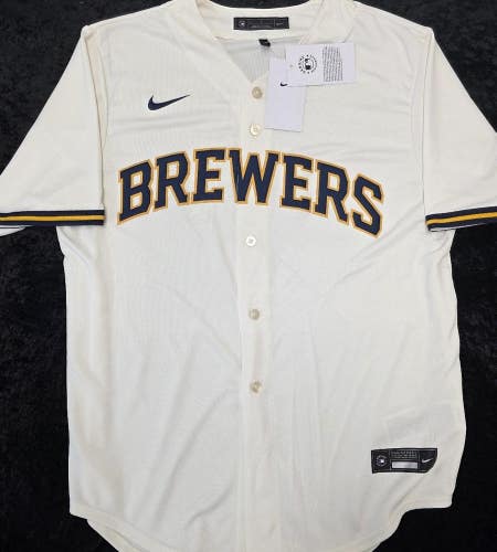 Mens MILWAUKEE BREWERS Sewn 100% REAL Baseball Jersey NWT IVORY $115