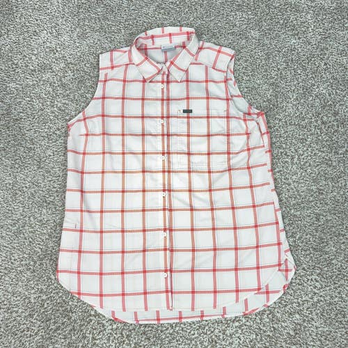 Columbia Shirt Womens XL White Red Plaid Sleeveless Button Up Hiking Top Hiking