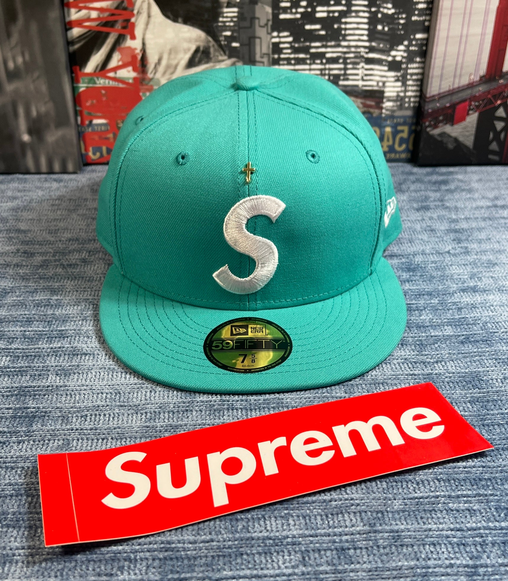 Supreme Gold Cross S Logo New Era Fitted Hat TEAL Size 7 5/8 Brand
