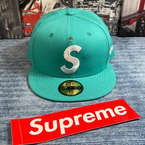 Supreme Gold Cross S Logo New Era Fitted Hat TEAL Size 7 5/8 Brand New