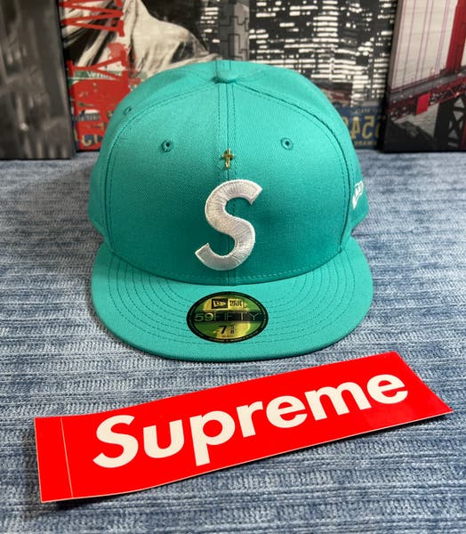 Supreme Gold Cross S Logo New Era Fitted Hat TEAL Size 7 5/8 Brand