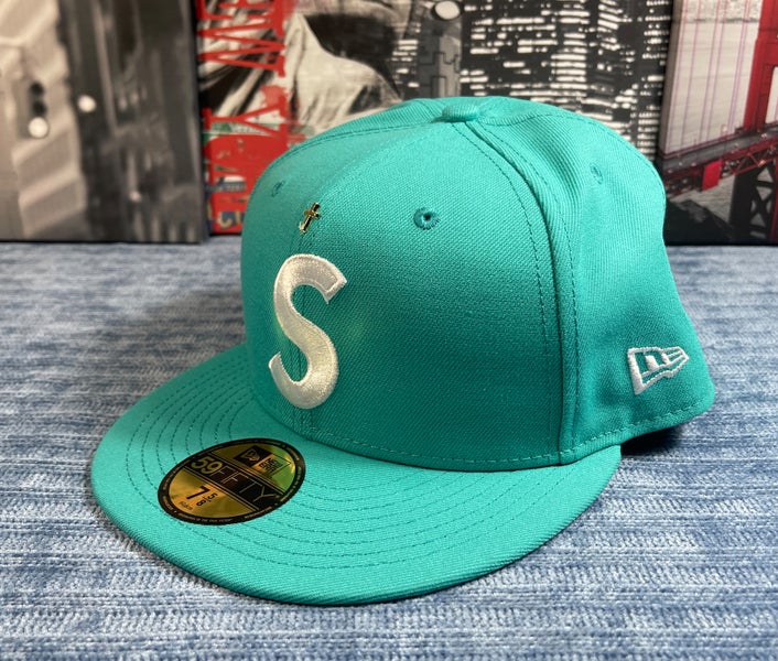 Supreme Gold Cross S Logo New Era Fitted Hat TEAL Size 7 5/8 Brand