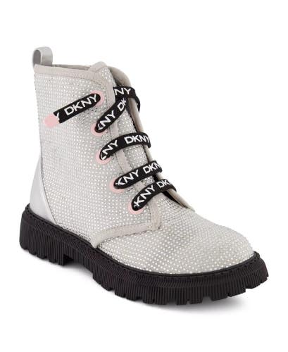 DKNY Ava Boots Girls US 5 Silver Memory Foam Round Toe Lug Sole Ankle NCZ184